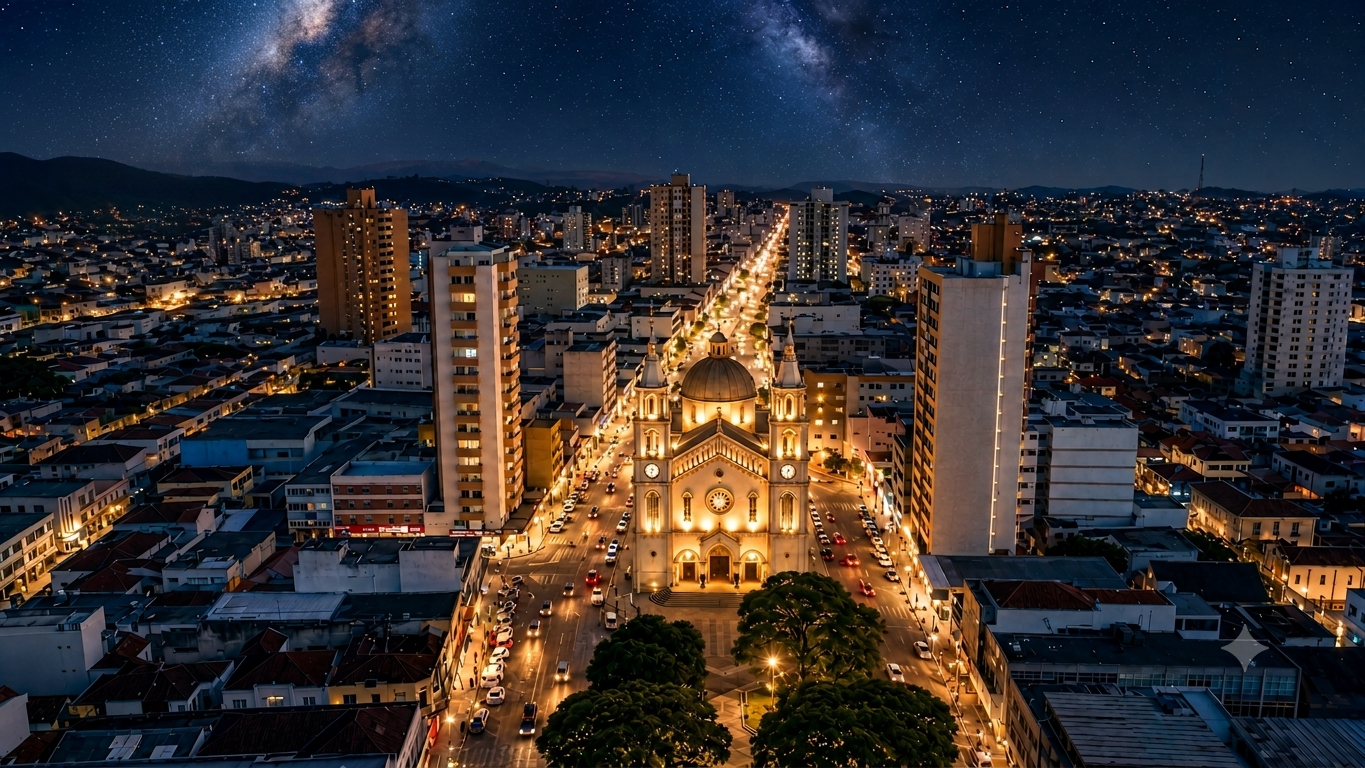 Vista aérea noturna de Pouso Alegre com a catedral iluminada — Sul de Minas · Ronaldo Imóveis
